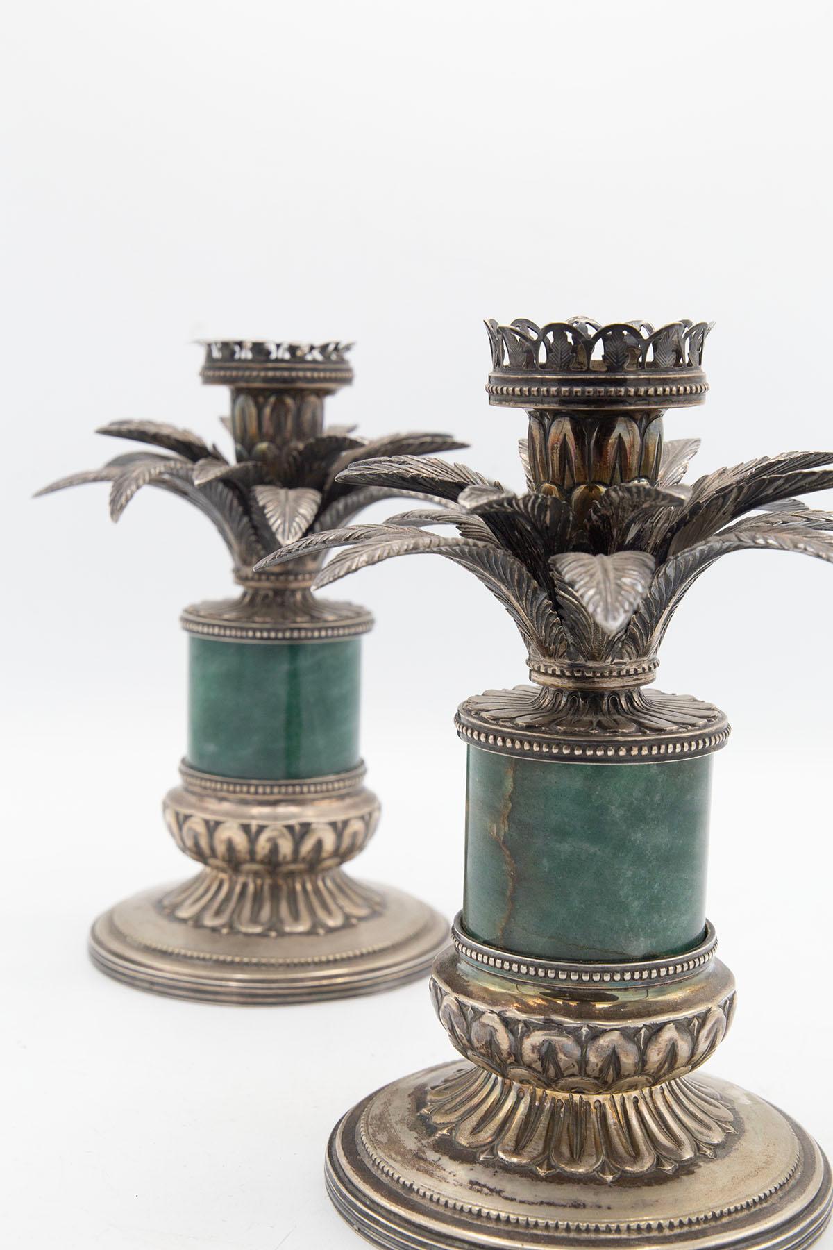 Pair of Italian Silver and Green Alpi Marble Candelabra, Marked 3