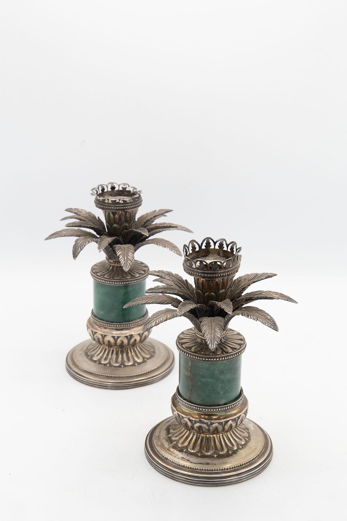 Pair of Italian Silver and Green Alpi Marble Candelabra, Marked 4