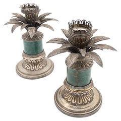 Pair of Italian Silver and Green Alpi Marble Candelabra, Marked
