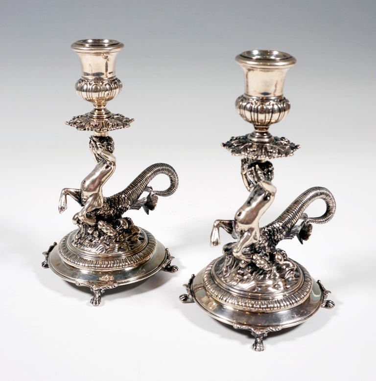 Art Deco Pair of Italian Silver Candle Holders with Cupids as Tritons, Milan, Around 1935 For Sale