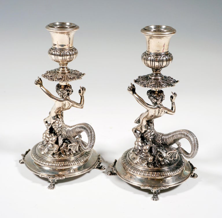 Hand-Crafted Pair of Italian Silver Candle Holders with Cupids as Tritons, Milan, Around 1935 For Sale