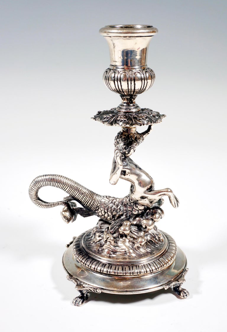 Pair of Italian Silver Candle Holders with Cupids as Tritons, Milan, Around 1935 In Good Condition For Sale In Vienna, AT