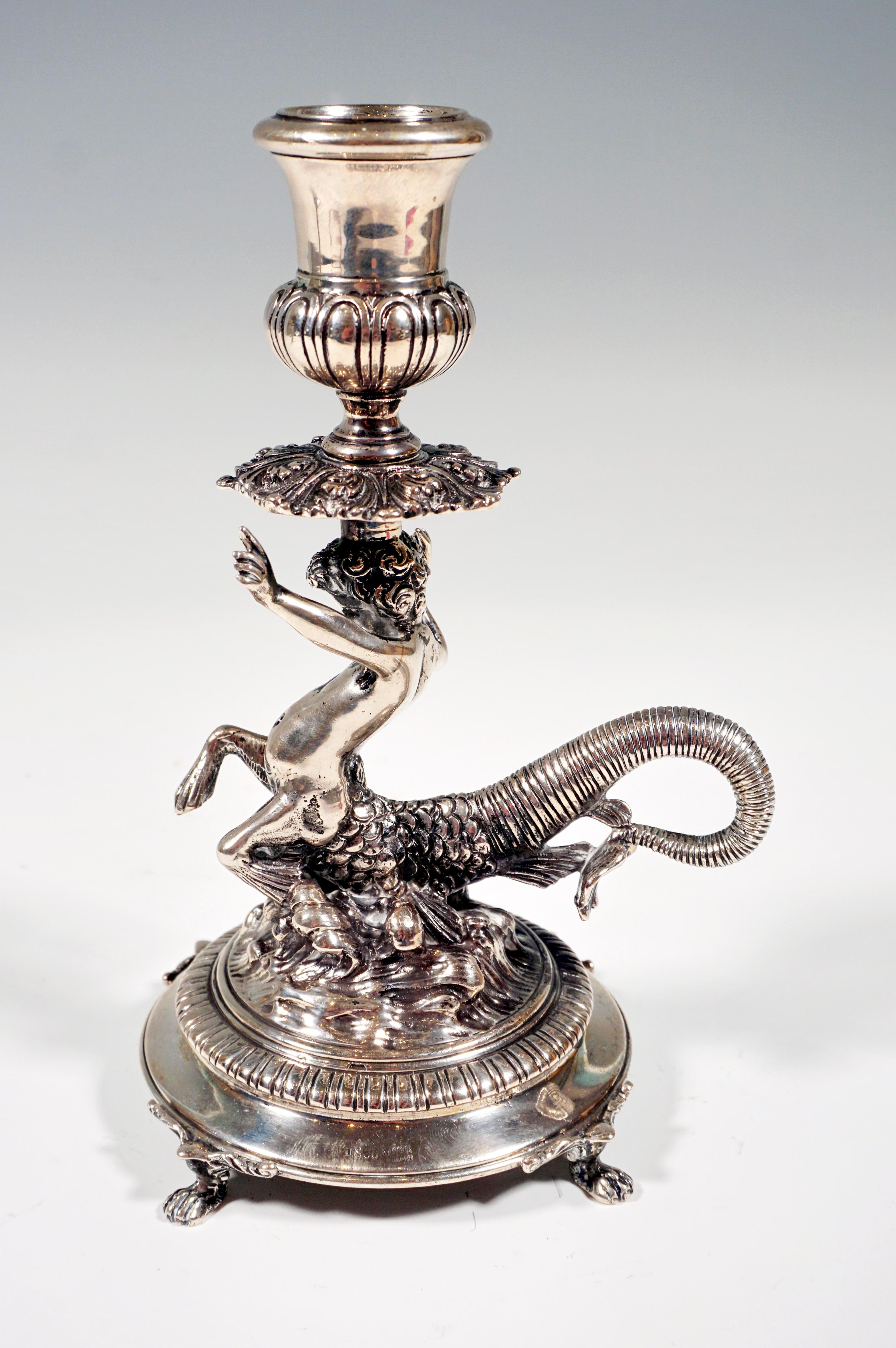 Mid-20th Century Pair of Italian Silver Candle Holders with Cupids as Tritons, Milan, Around 1935