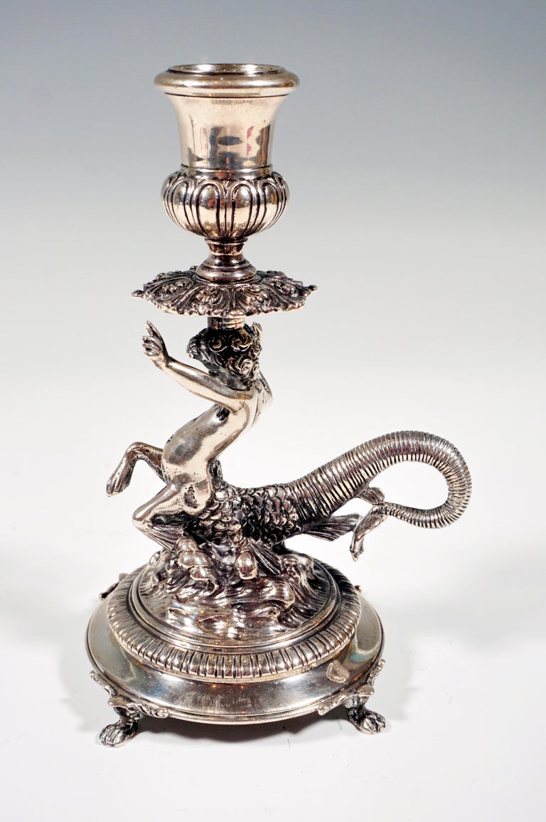 Mid-20th Century Pair of Italian Silver Candle Holders with Cupids as Tritons, Milan, Around 1935 For Sale