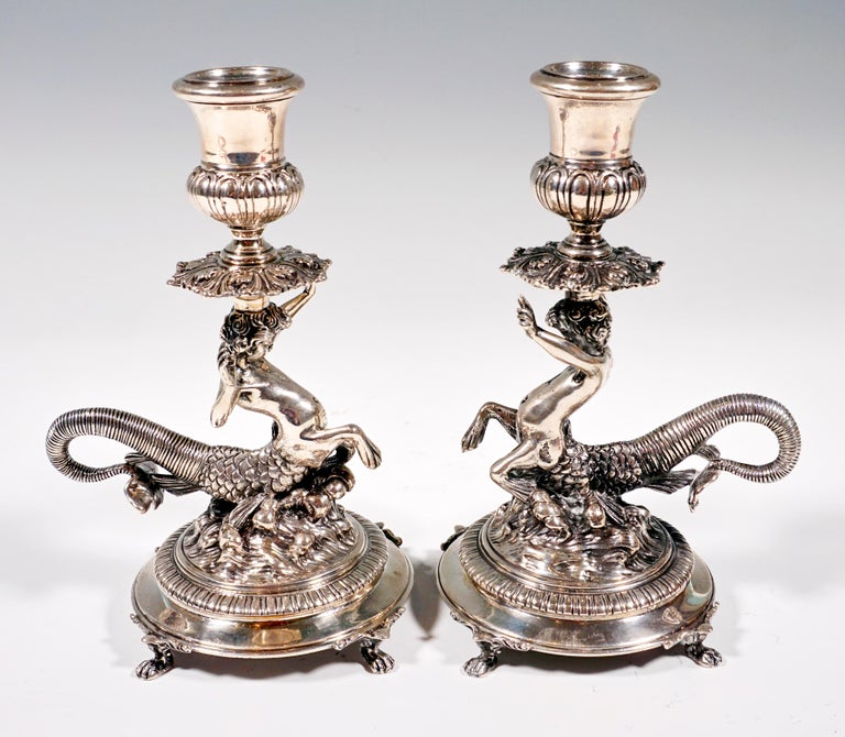 Pair of Italian Silver Candle Holders with Cupids as Tritons, Milan, Around 1935 For Sale 1