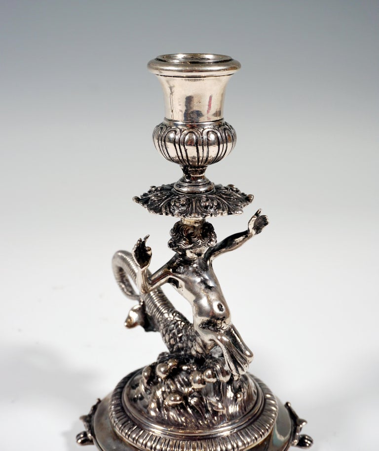 Pair of Italian Silver Candle Holders with Cupids as Tritons, Milan, Around 1935 For Sale 2