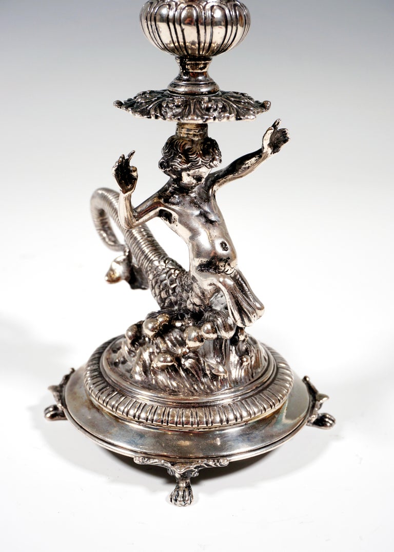 Pair of Italian Silver Candle Holders with Cupids as Tritons, Milan, Around 1935 For Sale 3