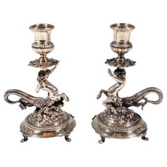 Pair of Italian Silver Candle Holders with Cupids as Tritons, Milan, Around 1935