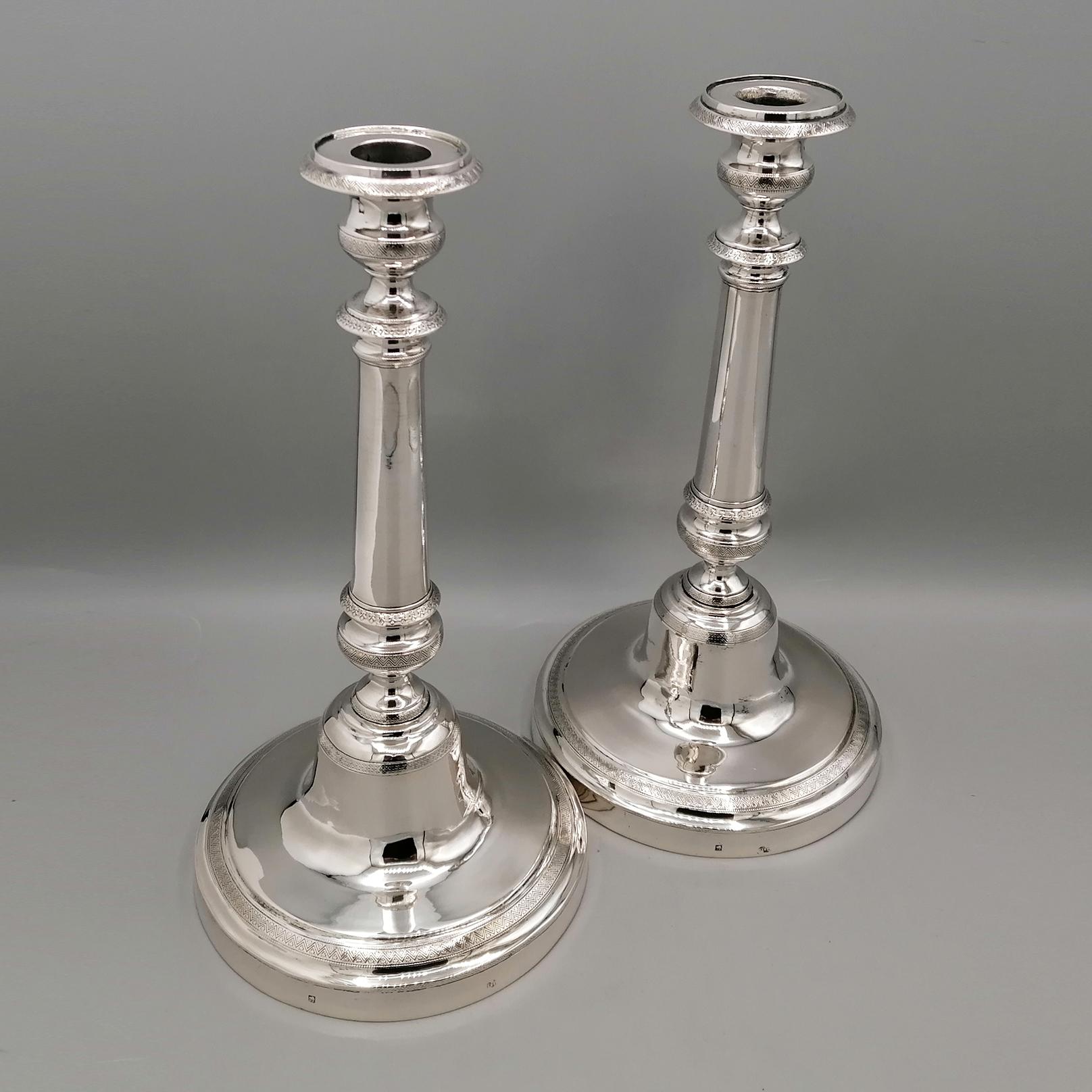 Hand-Crafted Pair of Italian silver candlesticks - Naples, c. 1840 For Sale