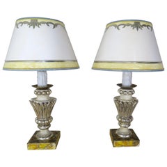 Pair of Italian Silver Gilt Carved Lamps with Parchment Shades