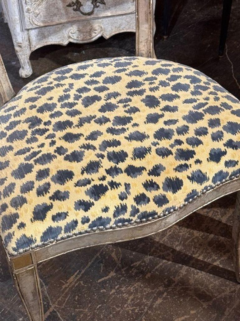 Great pair of Vintage Italian carved and silver gilt side chairs with Scalamandre fabric. Circa 1940. Perfect for today's transitional designs! 22W x19D x 34H