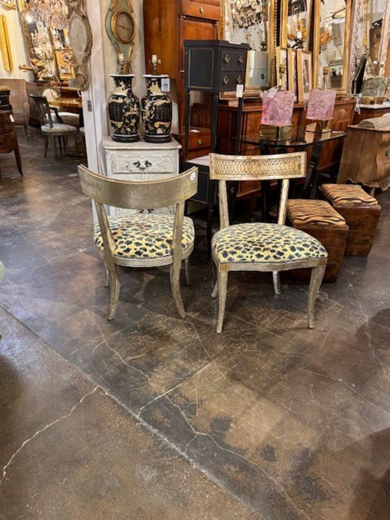 Fabric Pair of Italian Silver Giltwood Chairs For Sale