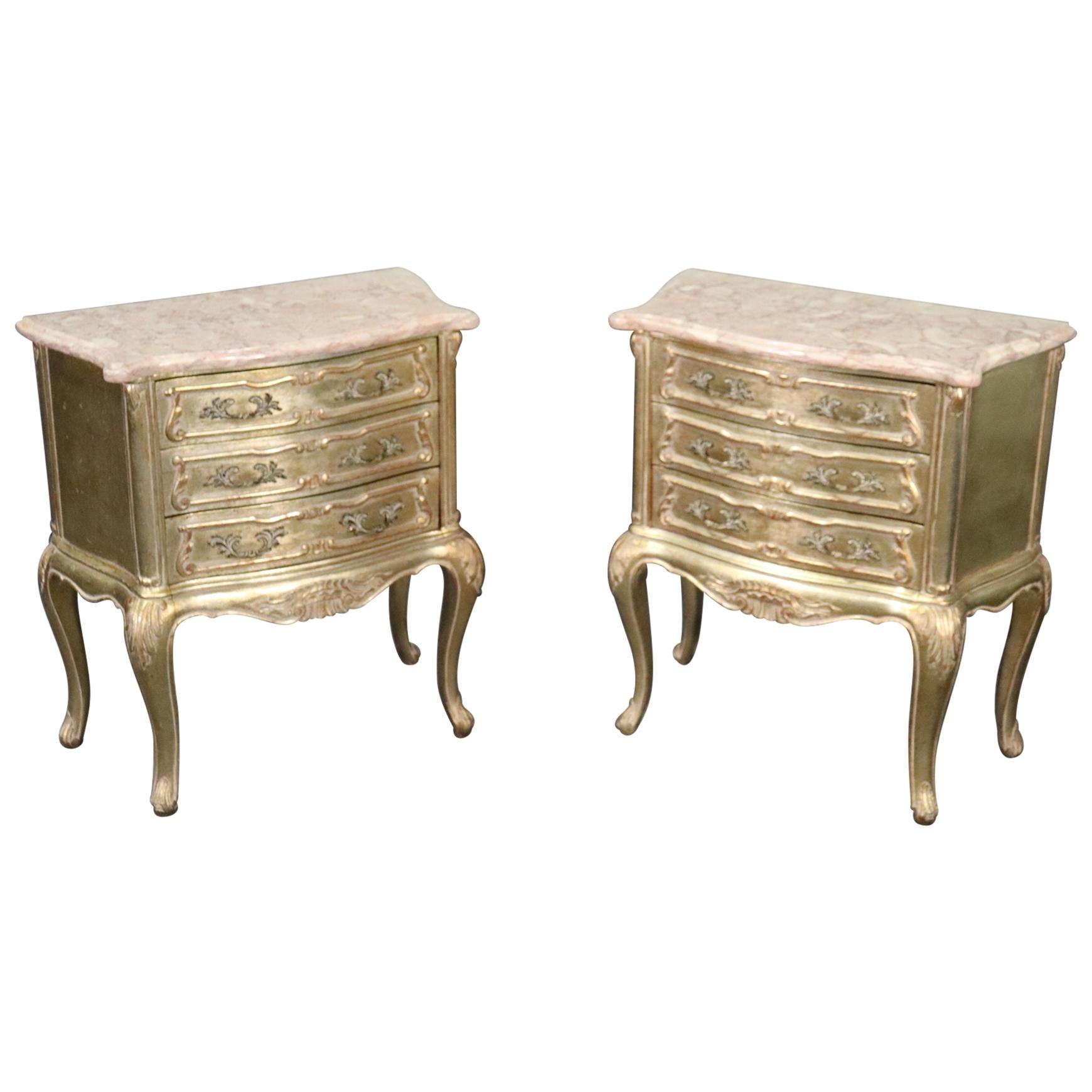 Pair of Italian Silver Leaf Gilded Louis XV, Marble Top Nightstands, circa 1950