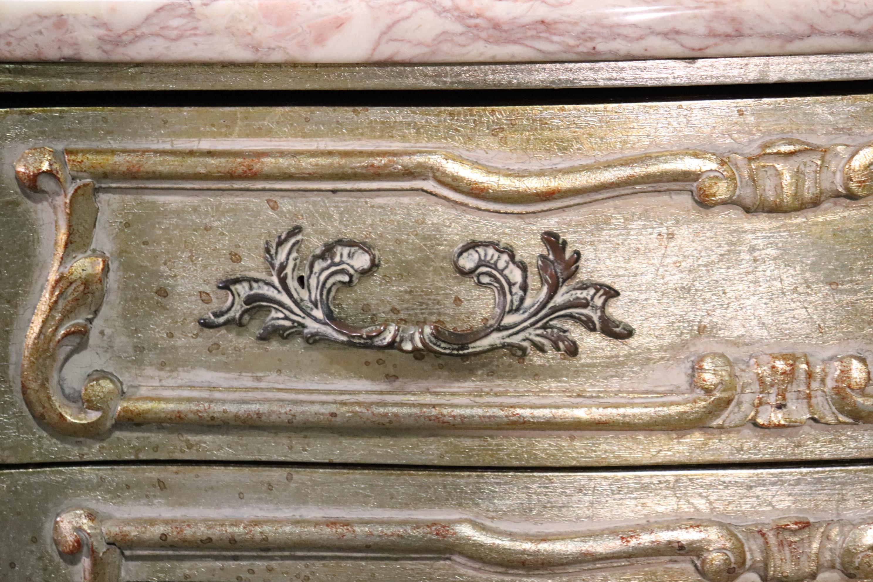 Mid-20th Century Pair of Italian Silver Leaf Gilded Louis XV, Marble Top Nightstands, circa 1950