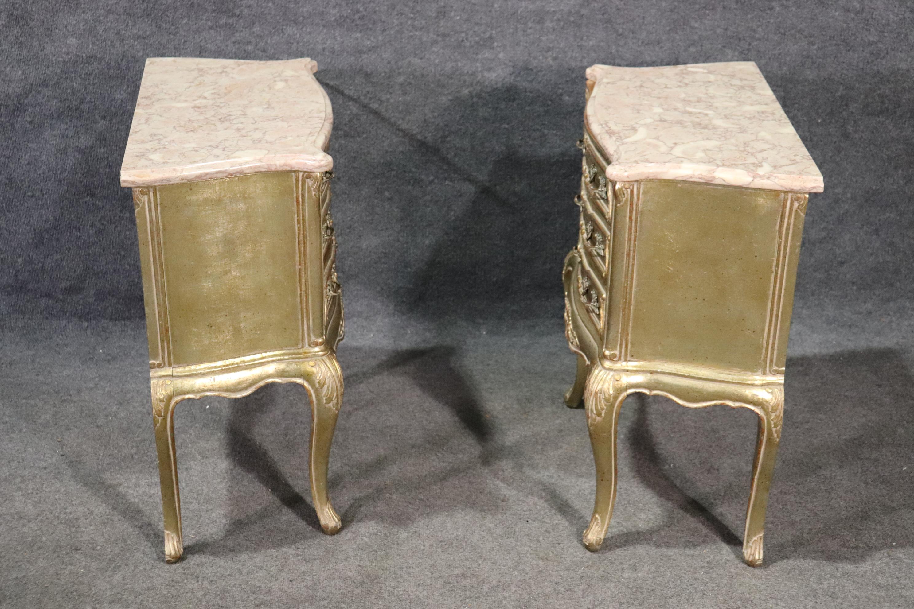 Pair of Italian Silver Leaf Gilded Louis XV, Marble Top Nightstands, circa 1950 2