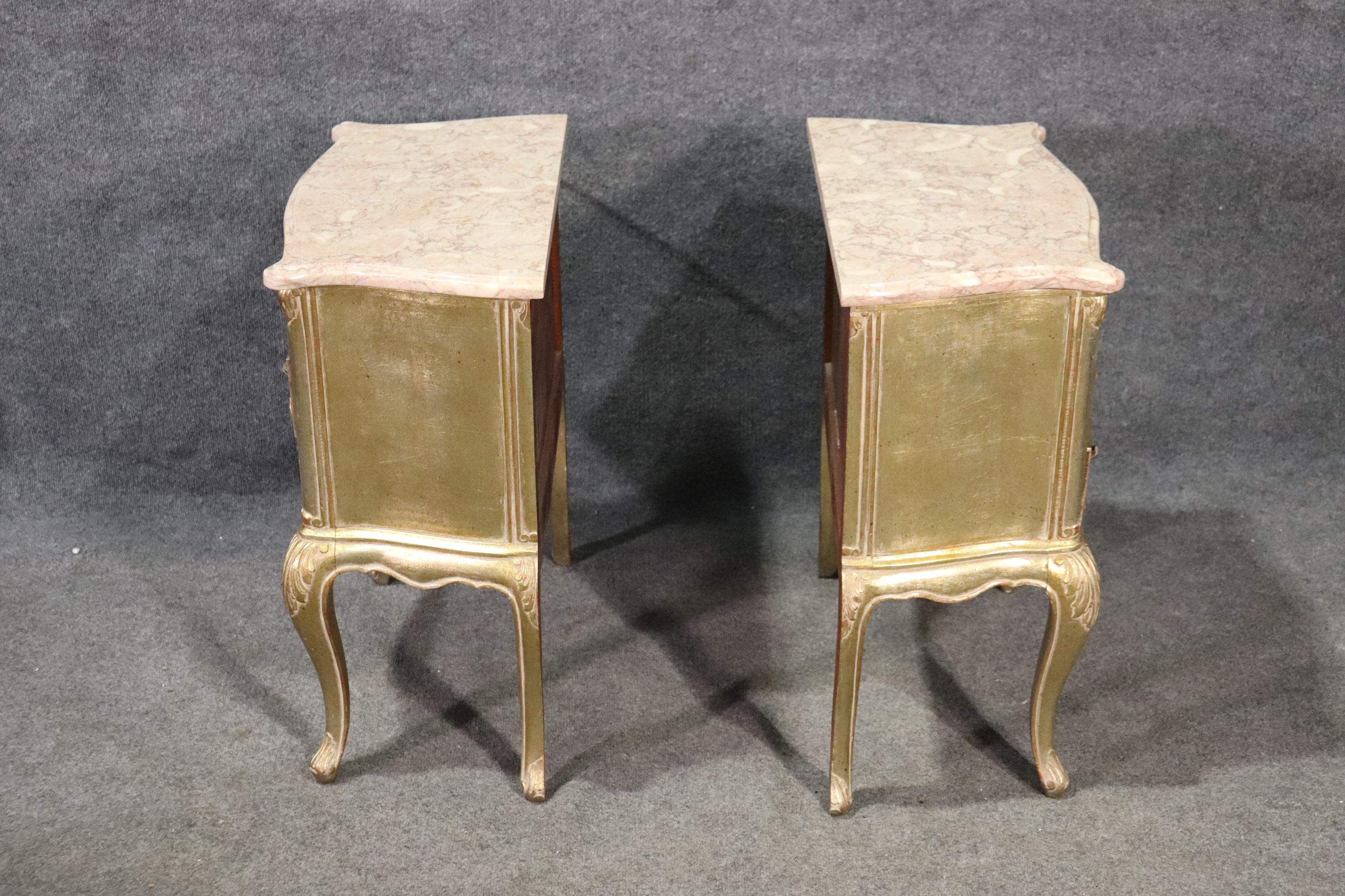 Pair of Italian Silver Leaf Gilded Louis XV, Marble Top Nightstands, circa 1950 3