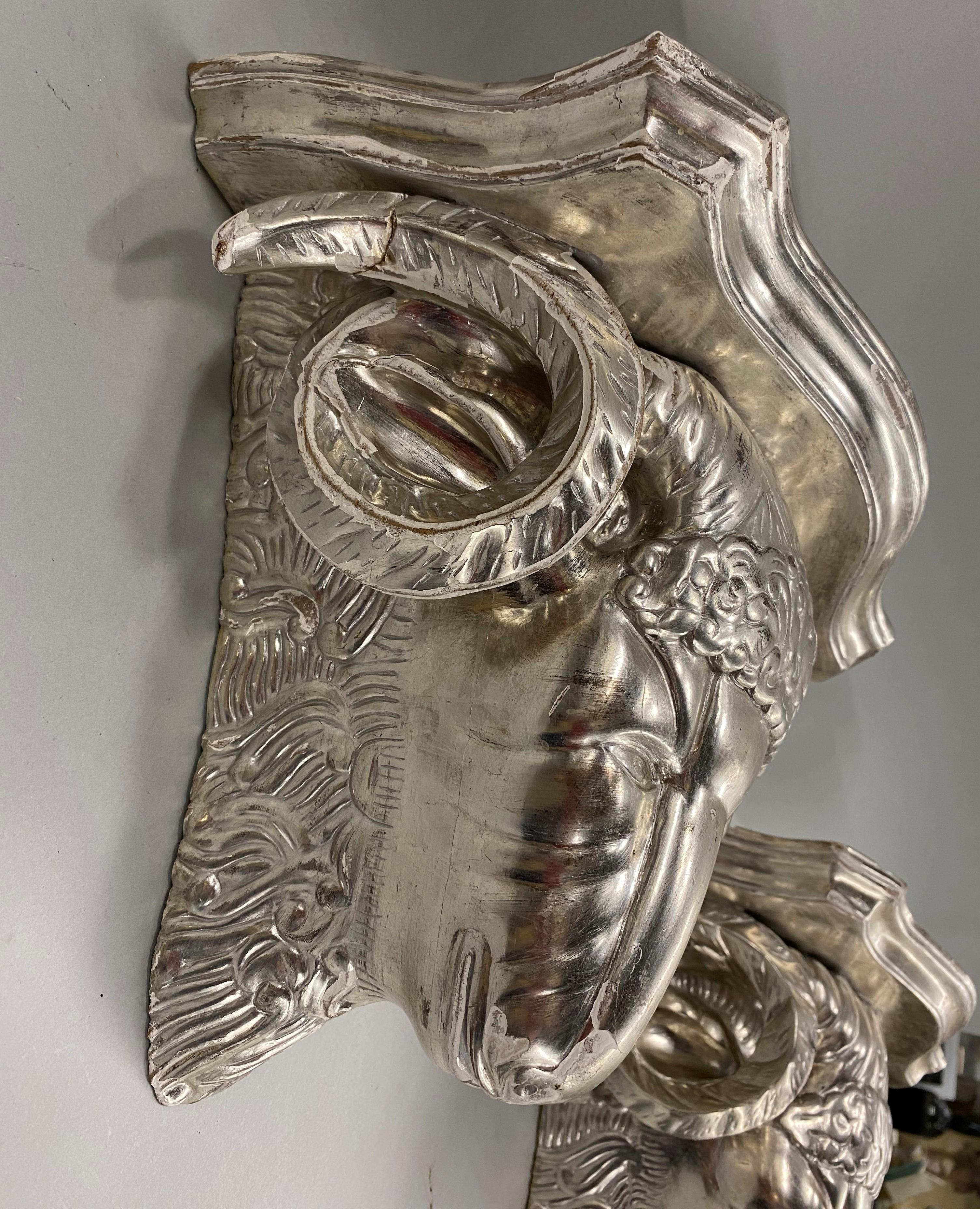 Pair of Italian Silver Leaf Rams Head Figural Wooden Wall Brackets In Good Condition In Milford, NH
