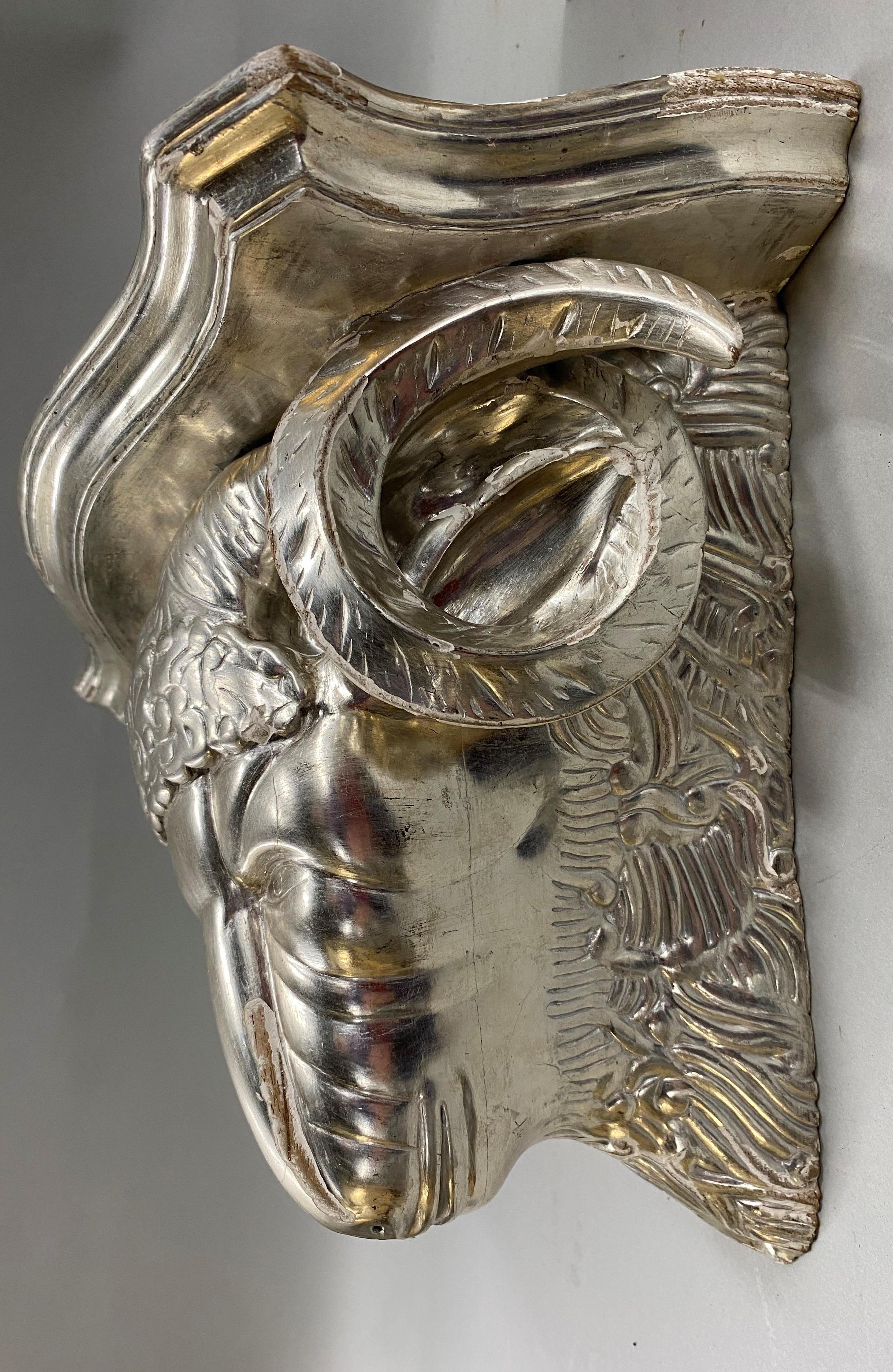 20th Century Pair of Italian Silver Leaf Rams Head Figural Wooden Wall Brackets