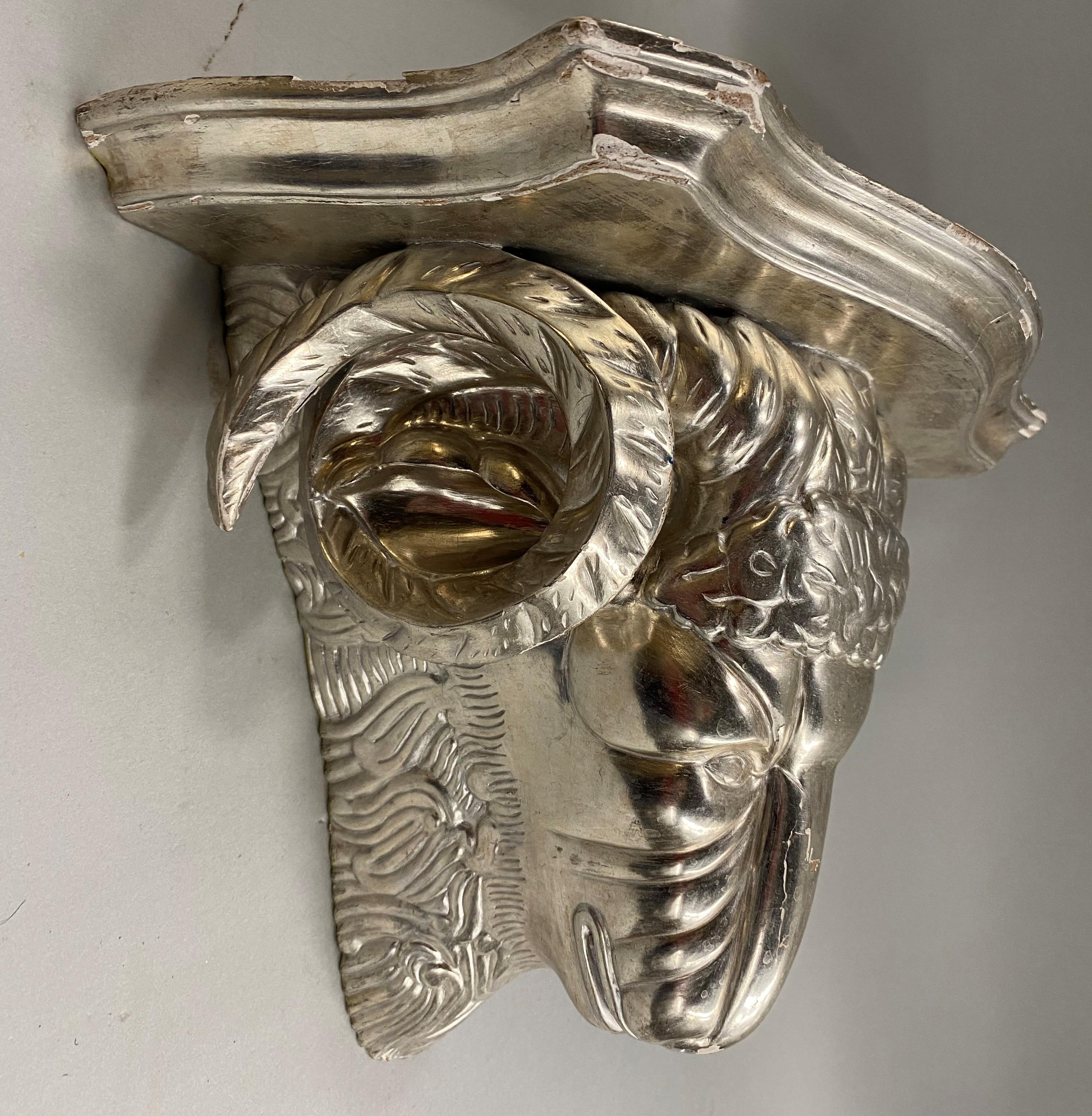 Pair of Italian Silver Leaf Rams Head Figural Wooden Wall Brackets 2