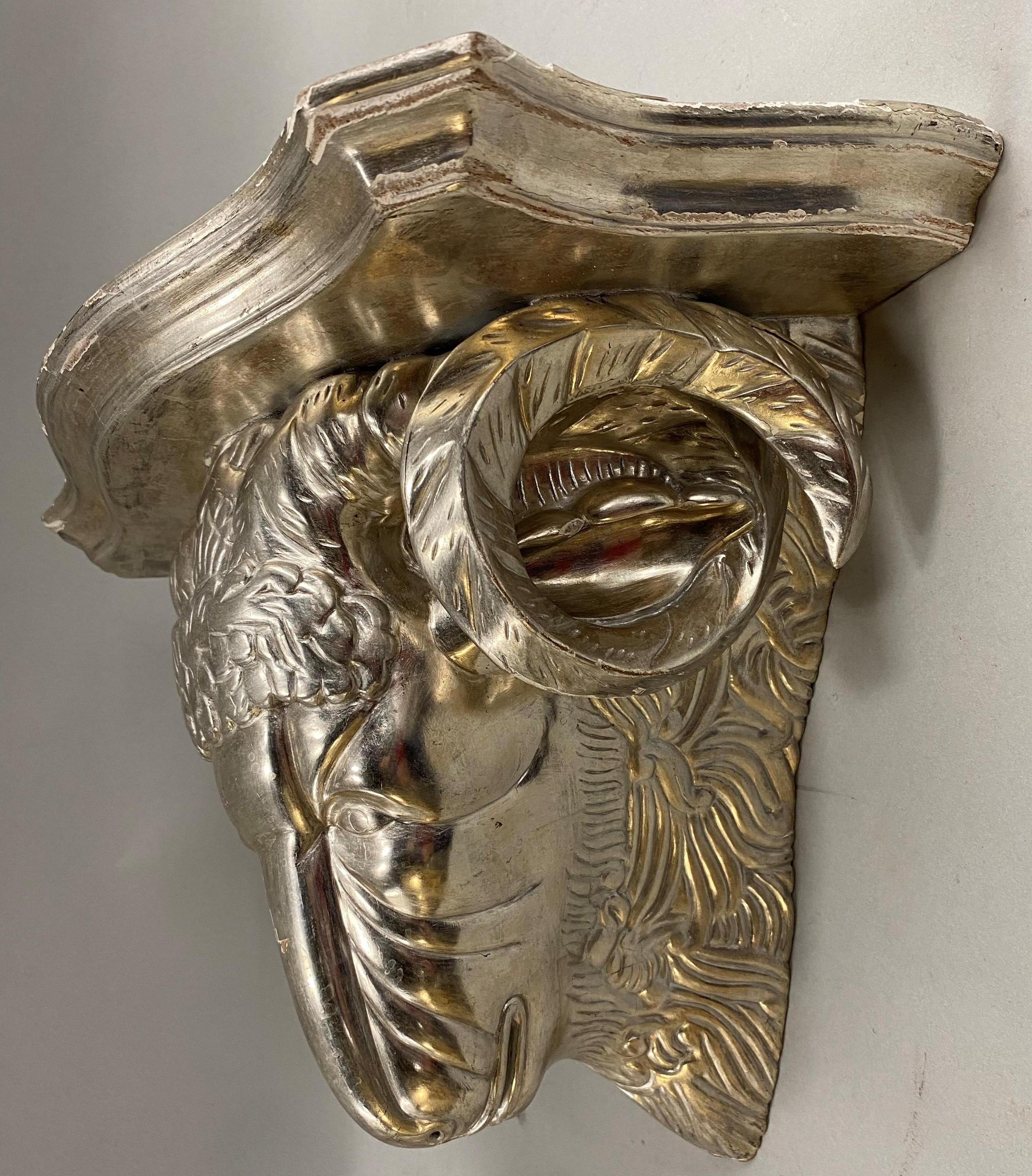 Pair of Italian Silver Leaf Rams Head Figural Wooden Wall Brackets 3