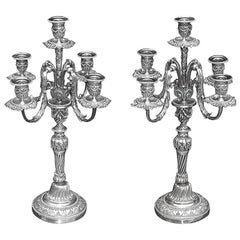 Pair of Italian Silver Over Brass Floral Beaded Candelabras . Circa 1830