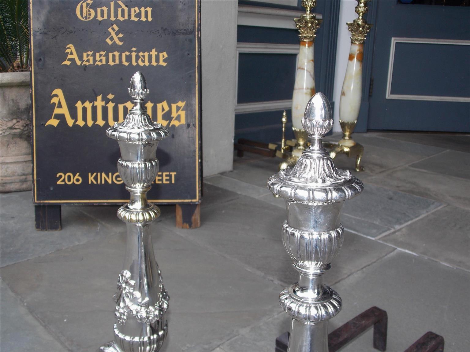 Neoclassical Pair of Italian Silver over Bronze Urn Finial Wrought Iron Andirons, Circa 1830 For Sale