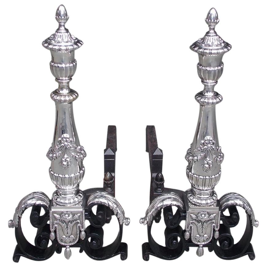 Pair of Italian Silver over Bronze Urn Finial Wrought Iron Andirons, Circa 1830