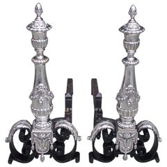 Antique Pair of Italian Silver over Bronze Urn Finial Wrought Iron Andirons, Circa 1830