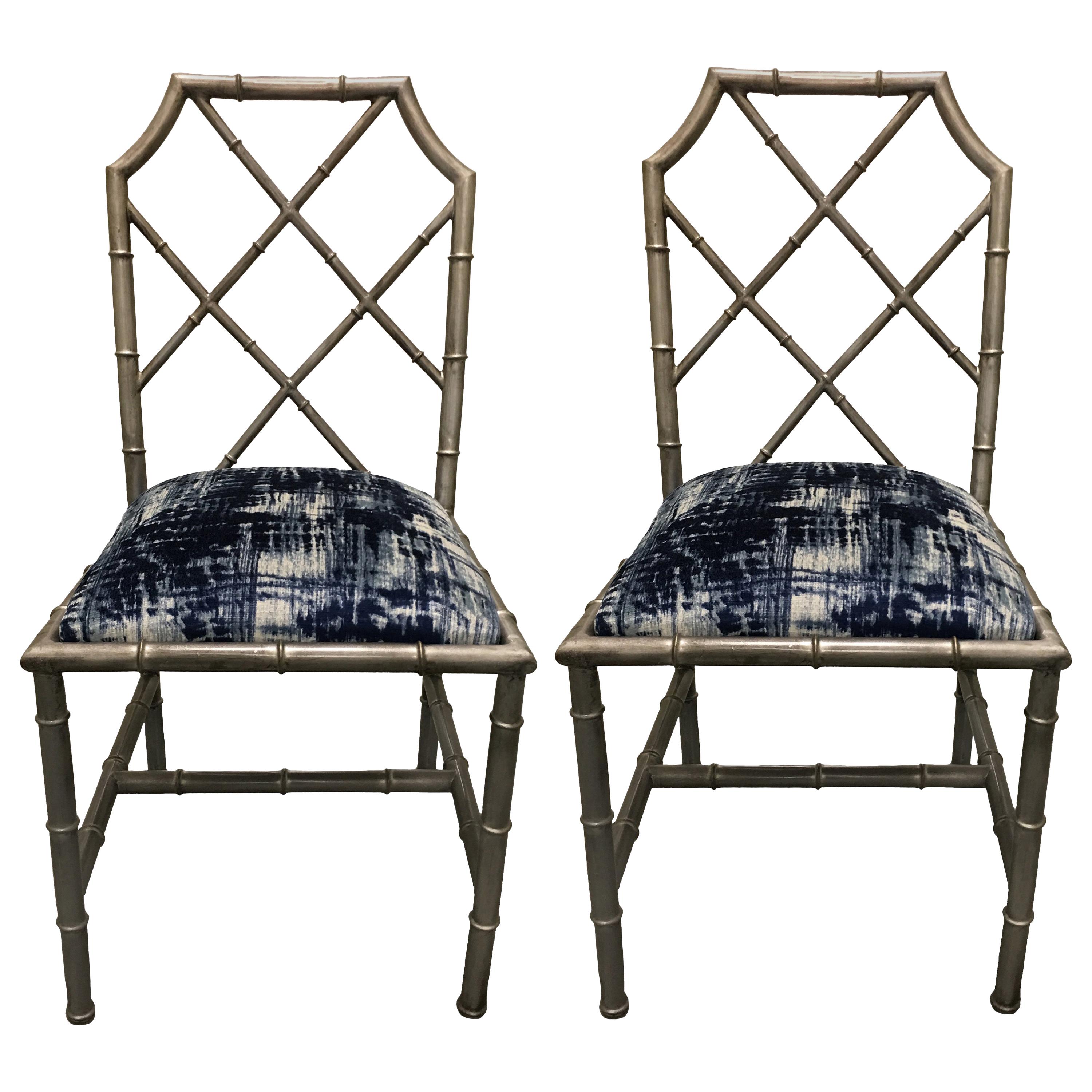 Pair of Italian Silver Painted Faux Bamboo Side Chairs