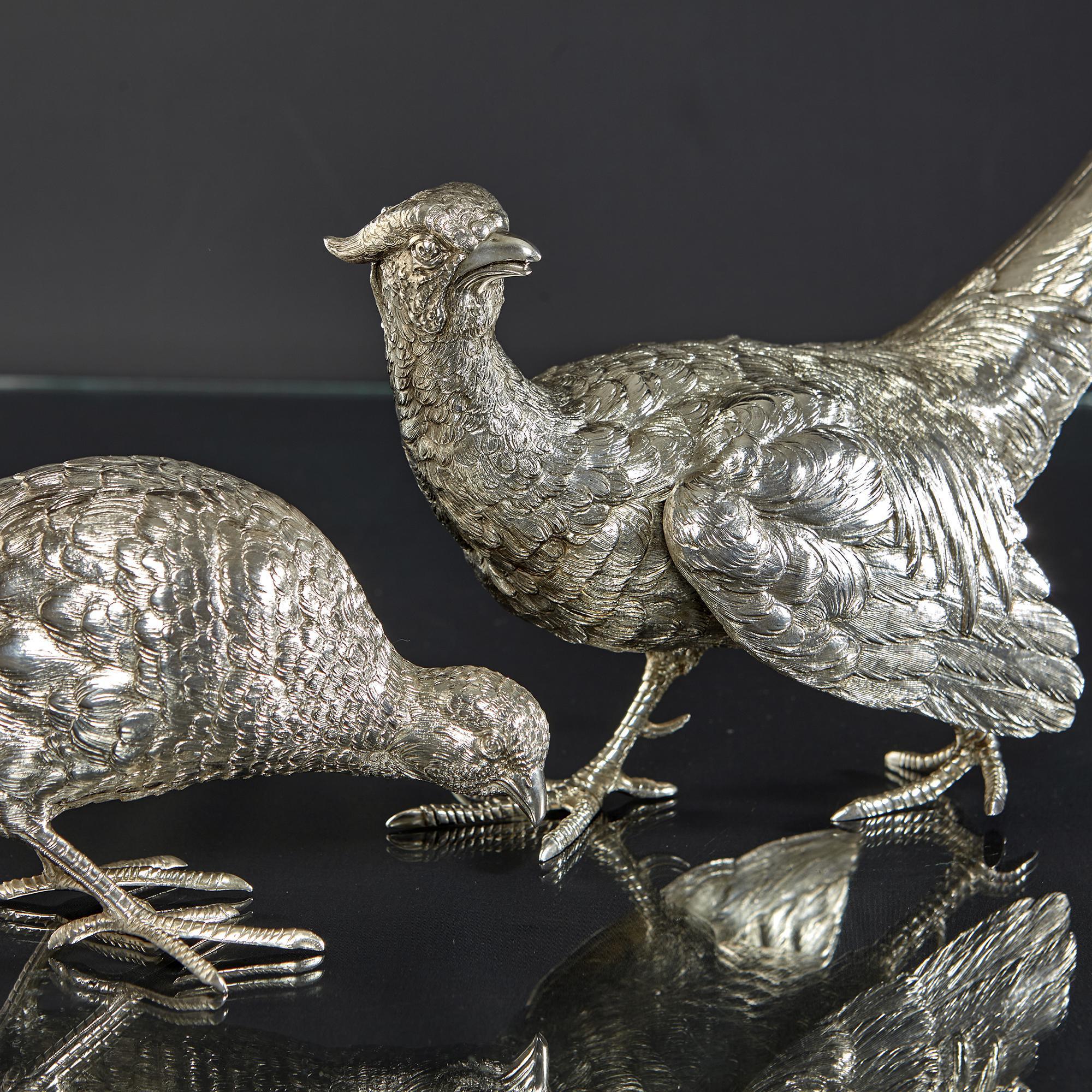 Pair of Italian Silver Pheasant Models, circa 1950 In Good Condition For Sale In London, GB