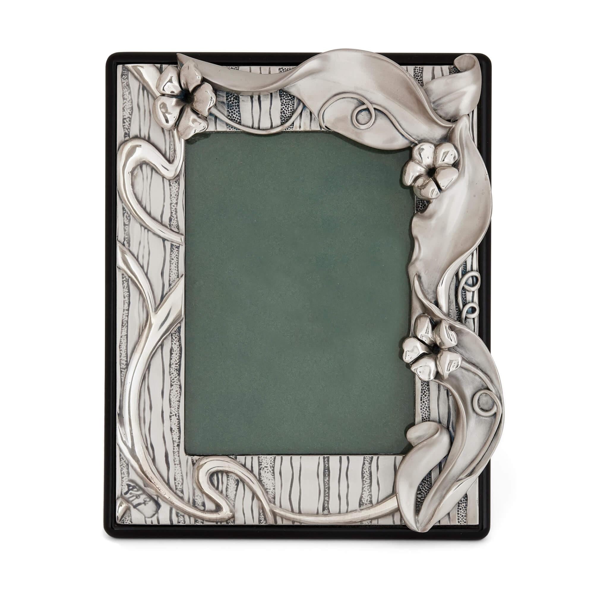 Ebonized Pair of Italian Silver Picture Frames in the Art Nouveau Style For Sale