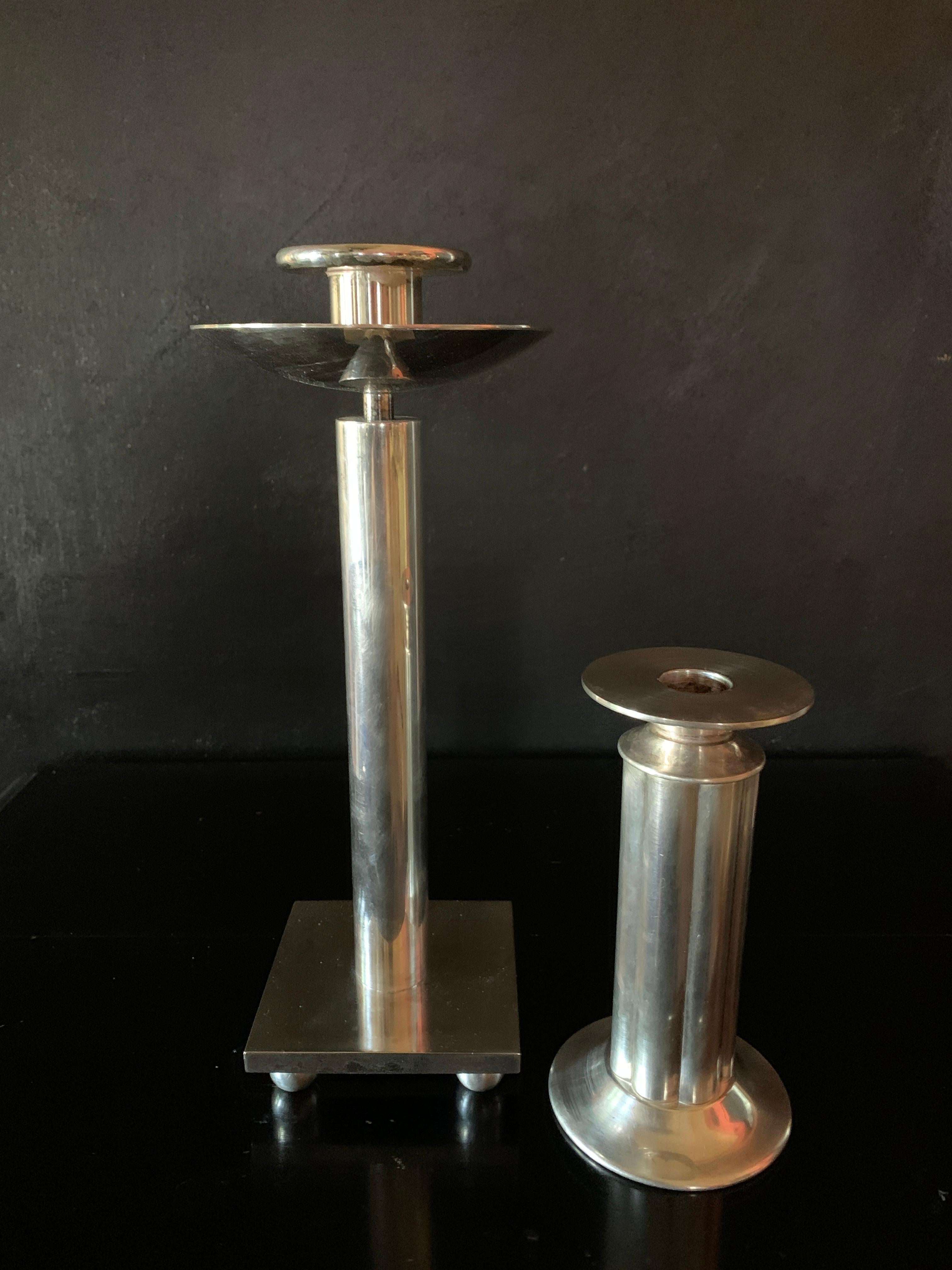 Pair of Italian Silver Plate Swid Powell Candle Sticks by Richard Meier In Good Condition In Los Angeles, CA