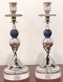 Pair of Italian Silver-Plated, Lapis & Lucite Tennis Motif Candlesticks