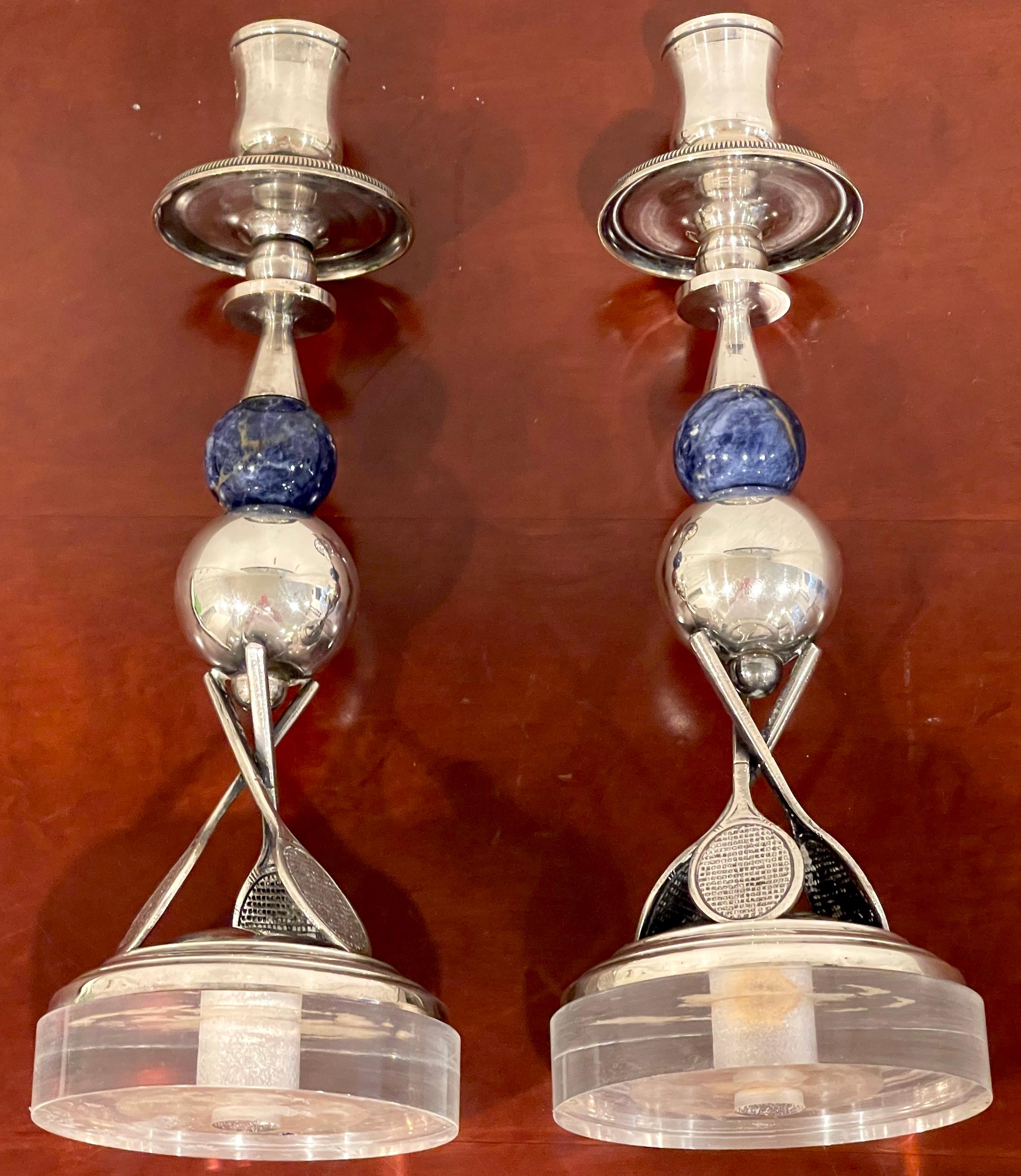 Pair of Italian Silver-Plated, Lapis & Lucite Tennis Motif Candlesticks For Sale 2