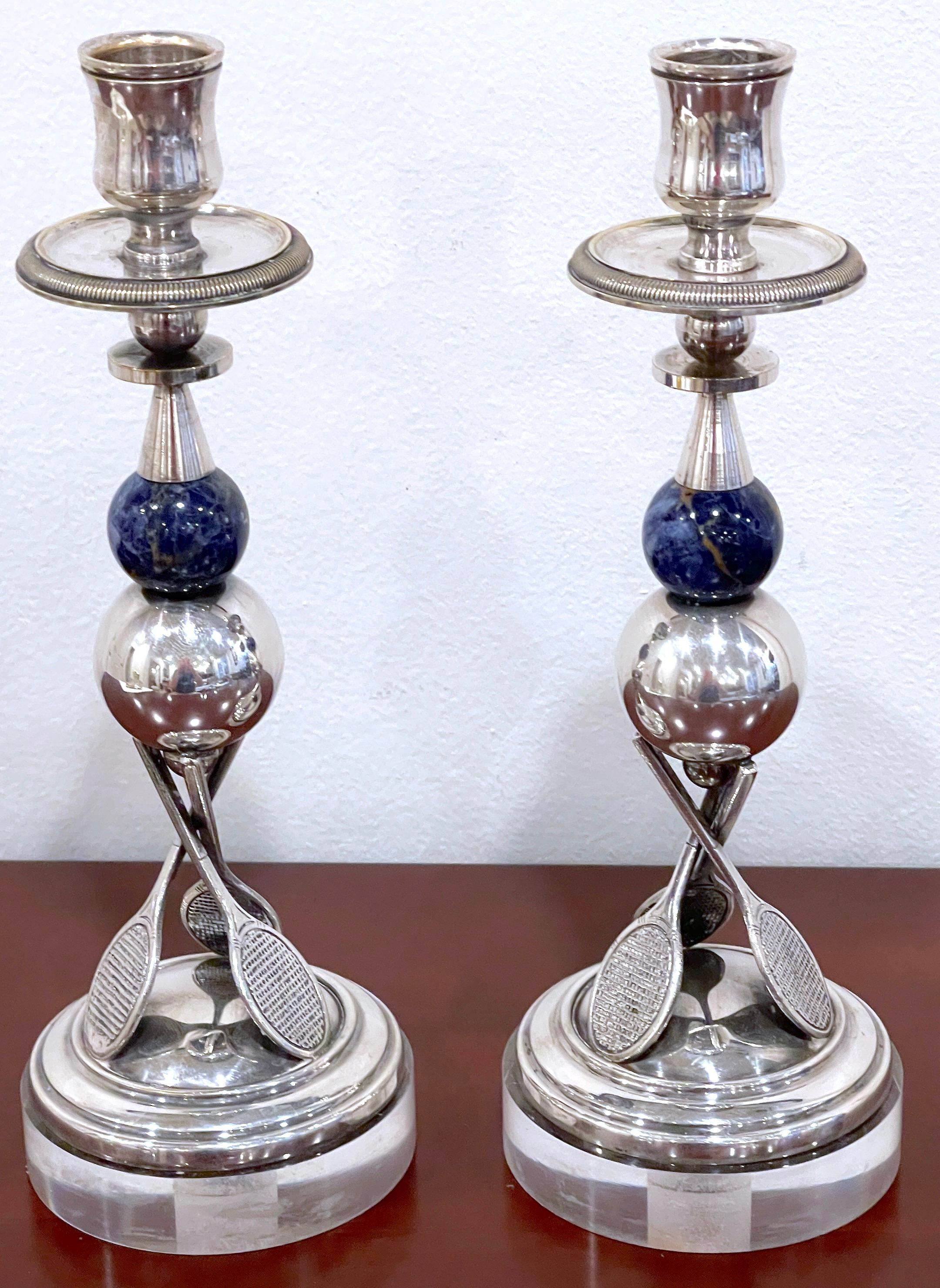 Pair of Italian Silver-Plated, Lapis & Lucite Tennis Motif Candlesticks For Sale 3
