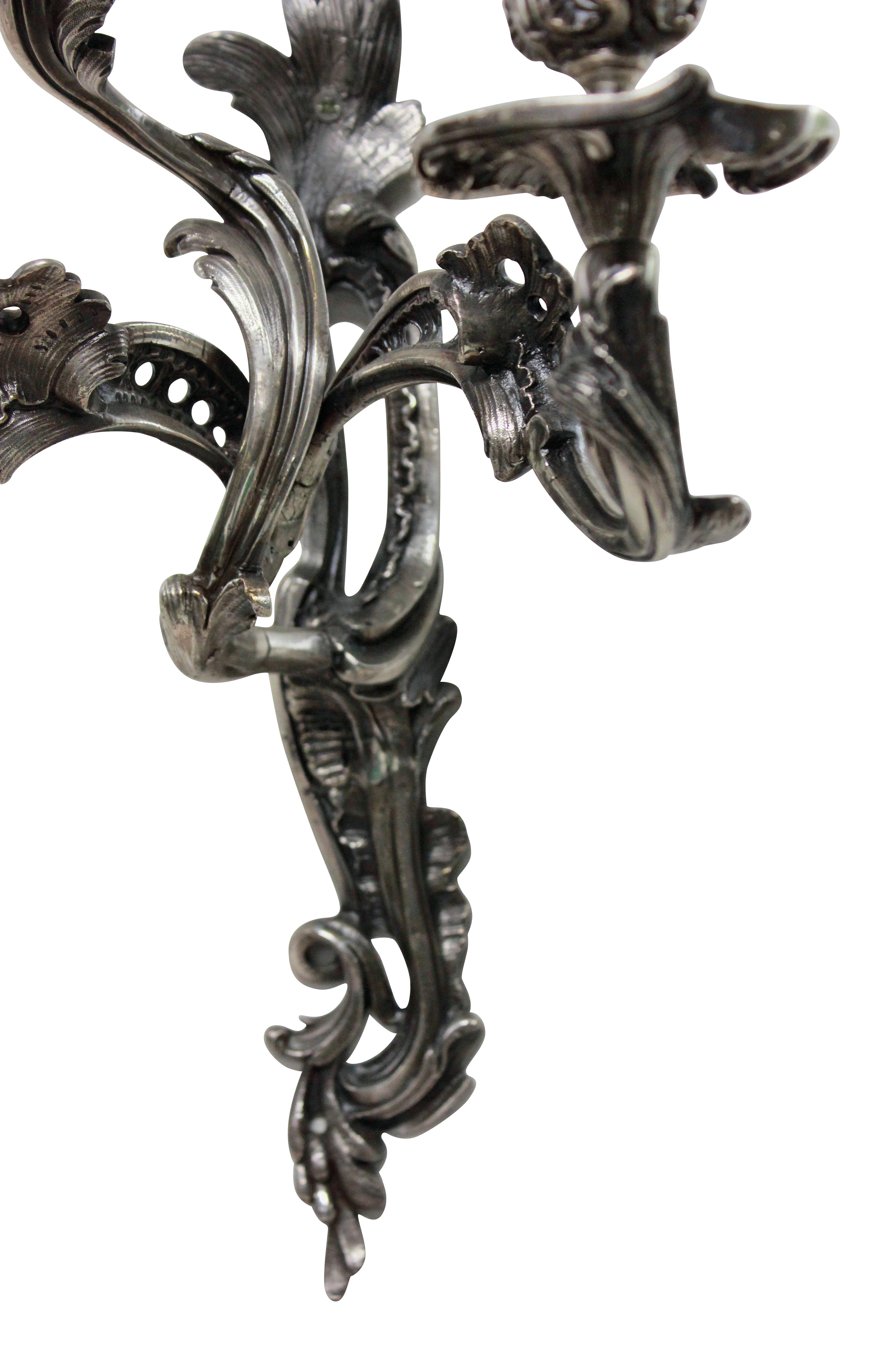 Late 19th Century Pair of Italian Silver Rococo Sconces