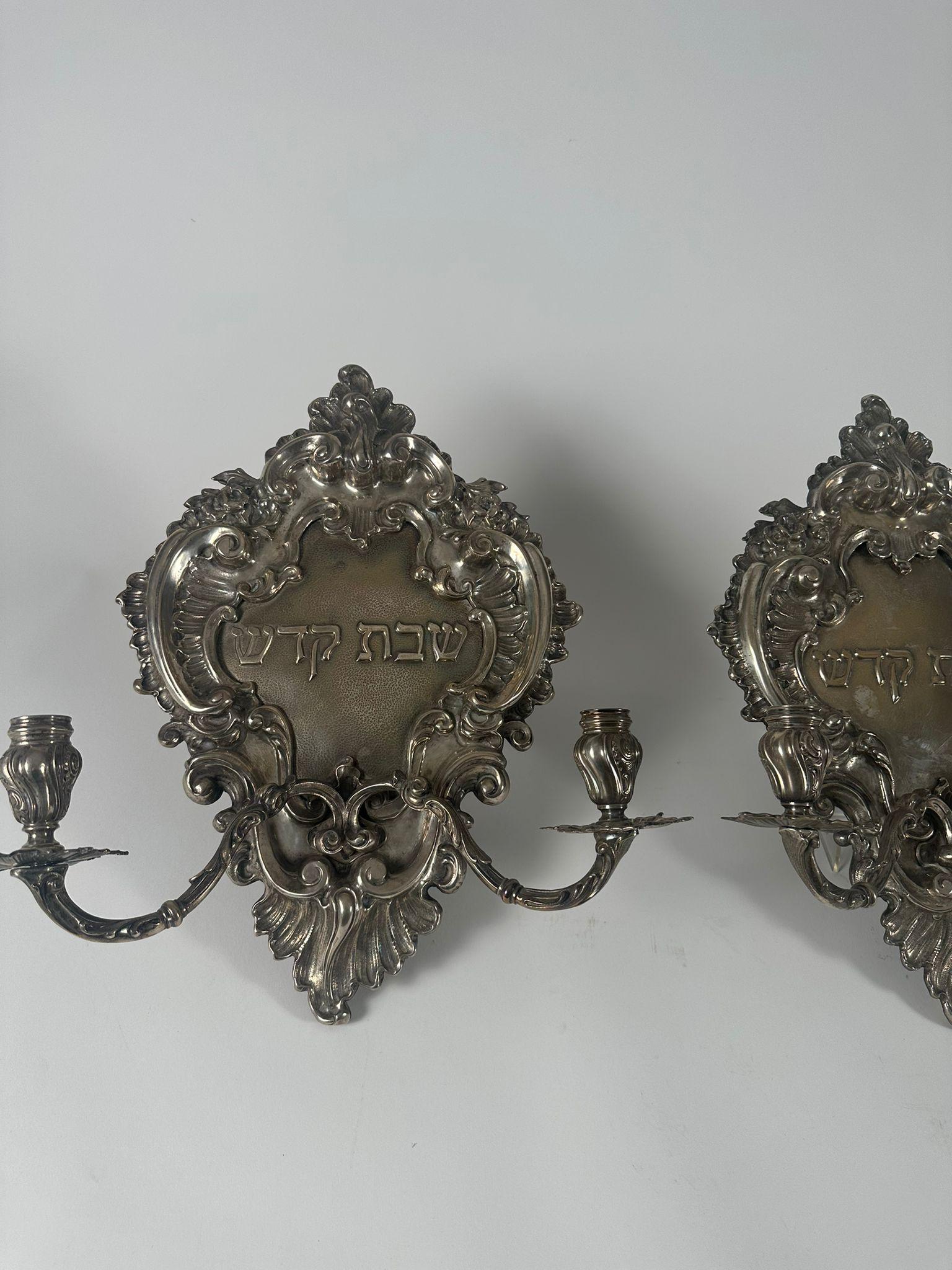 Paire d'appliques de chabbat italiennes en argent - 800 Silver, design rococo orné en vente 6