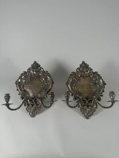Pair of Italian Silver Shabbat Candle Sconces – 800 Silver, Ornate Rococo Design