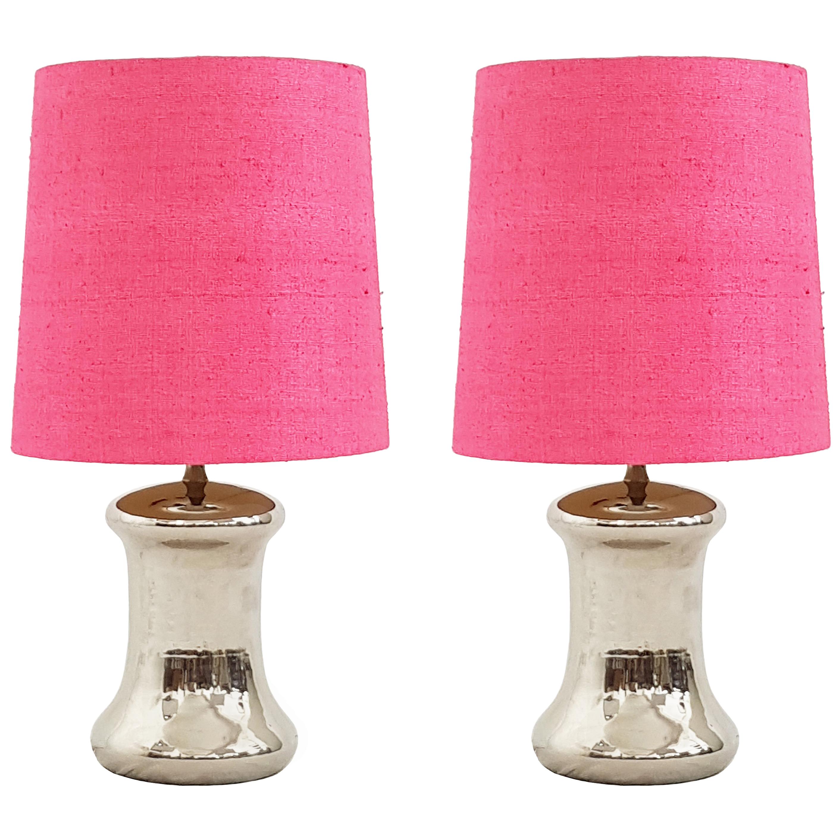 Pair of Italian Silvered Glazed Ceramic 1970s Abat Jours with Pink Fabric Shades