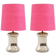 Pair of Italian Silvered Glazed Ceramic 1970s Abat Jours with Pink Fabric Shades