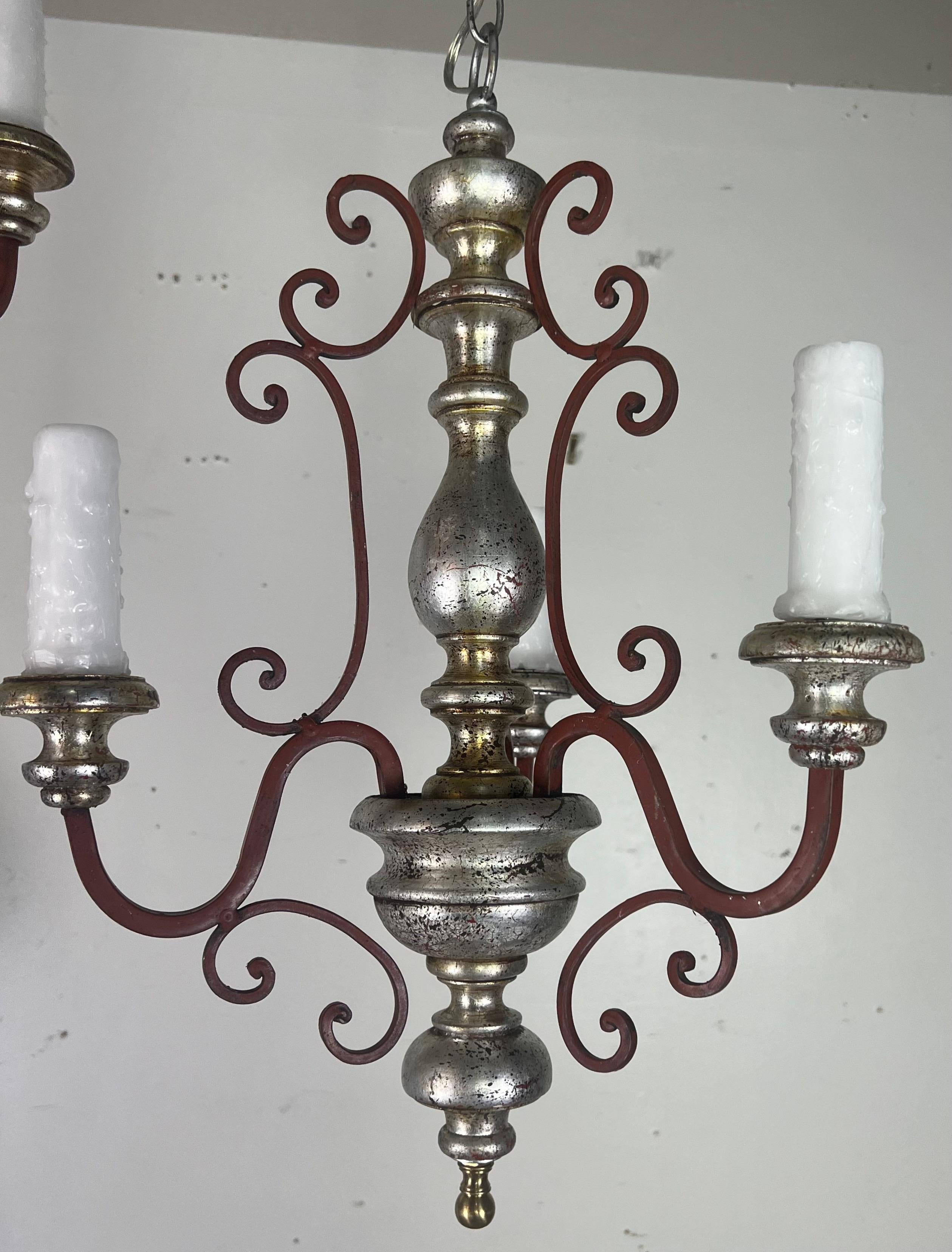 Rococo Pair of Italian Silvered Wood & Iron Chandeliers For Sale