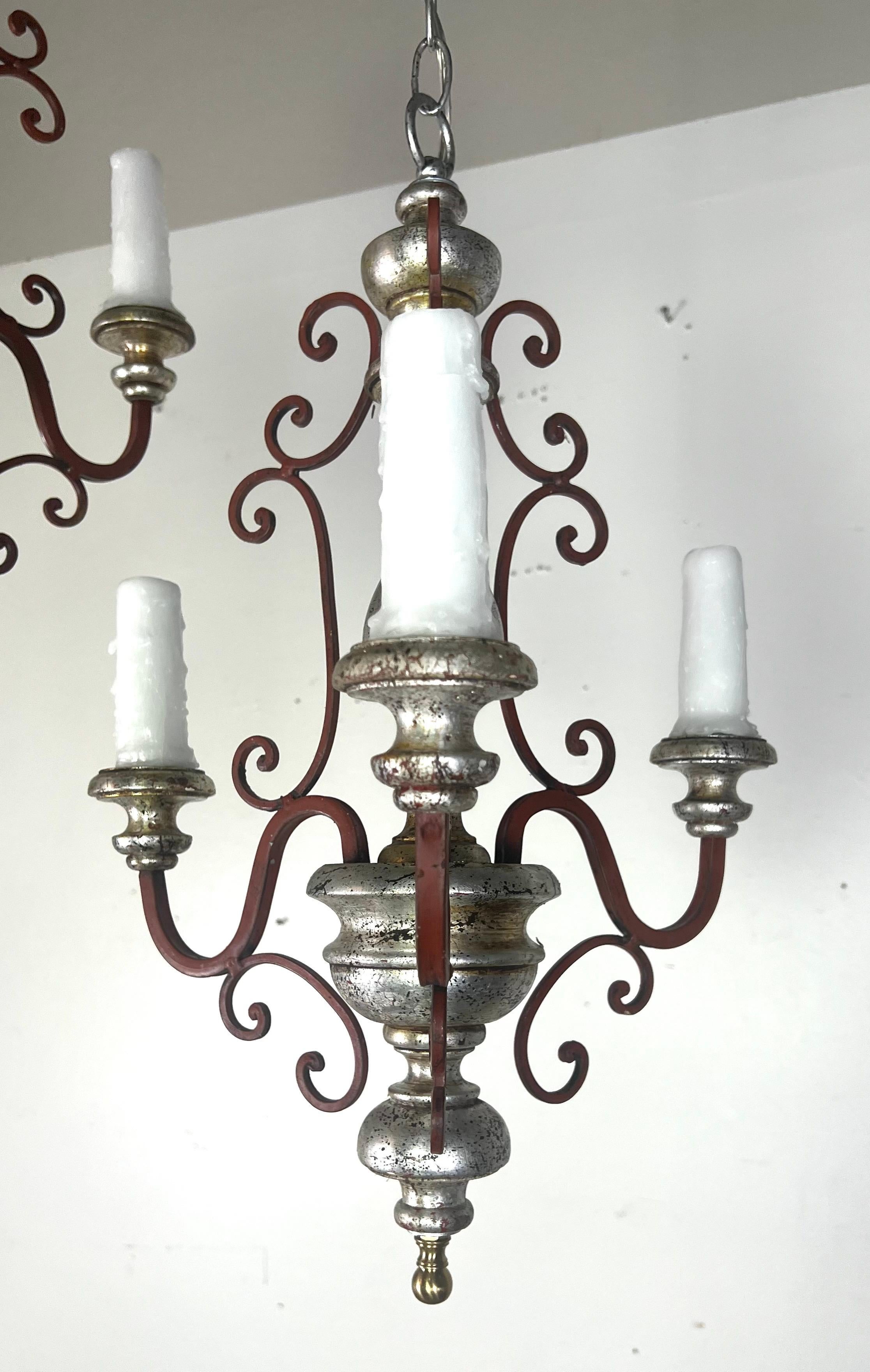 Pair of Italian Silvered Wood & Iron Chandeliers For Sale 1