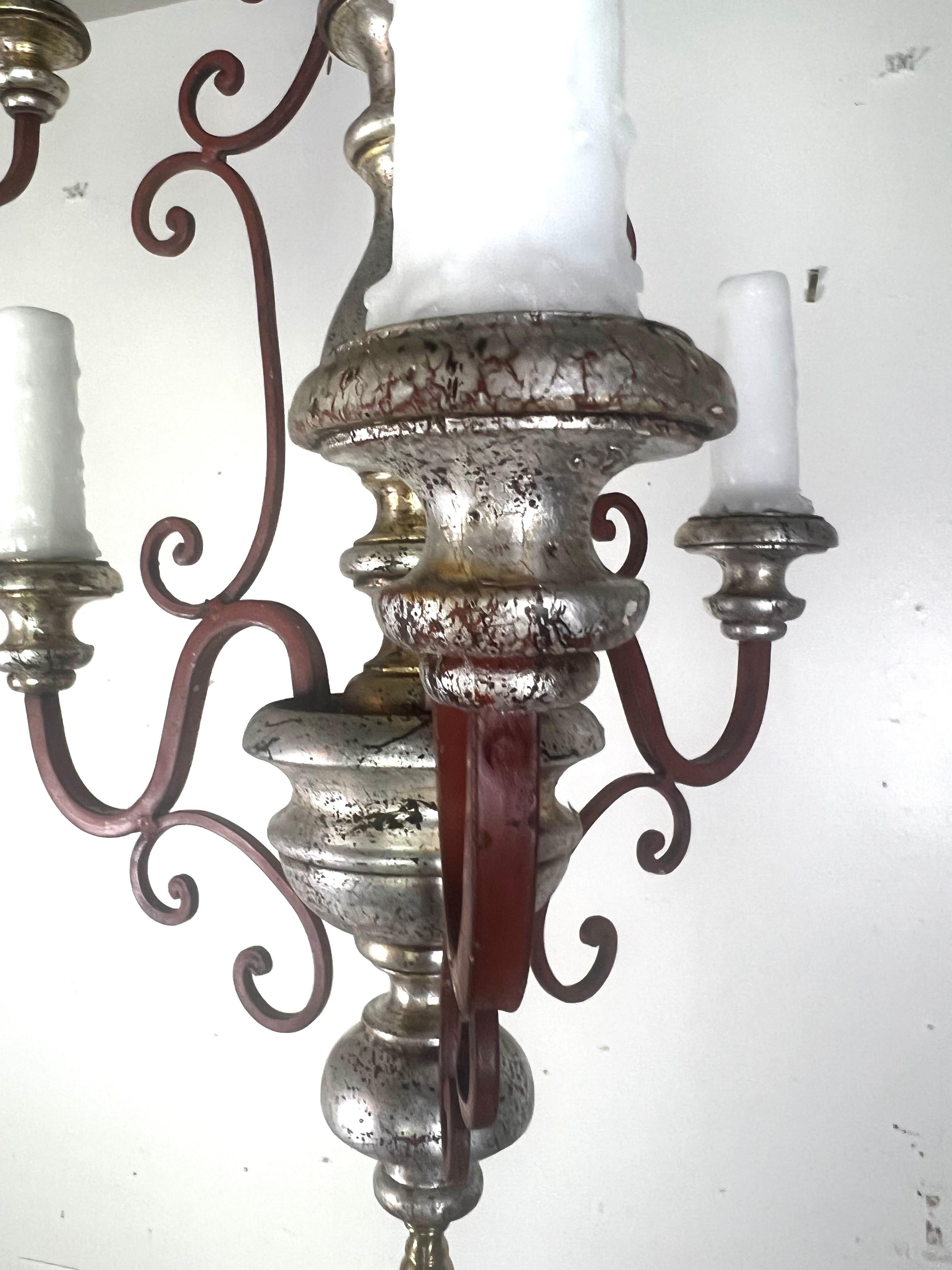 Pair of Italian Silvered Wood & Iron Chandeliers For Sale 2