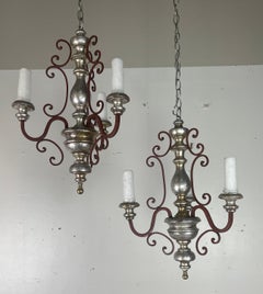 Pair of Italian Silvered Wood & Iron Chandeliers