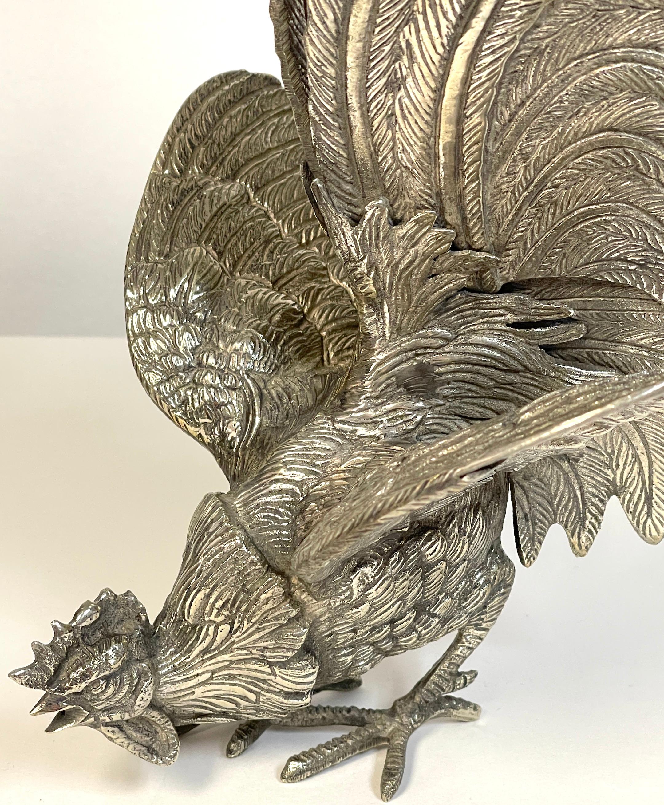 Pair of Italian Silverplated Rooster Table Ornaments 'Fighting Roosters' For Sale 4