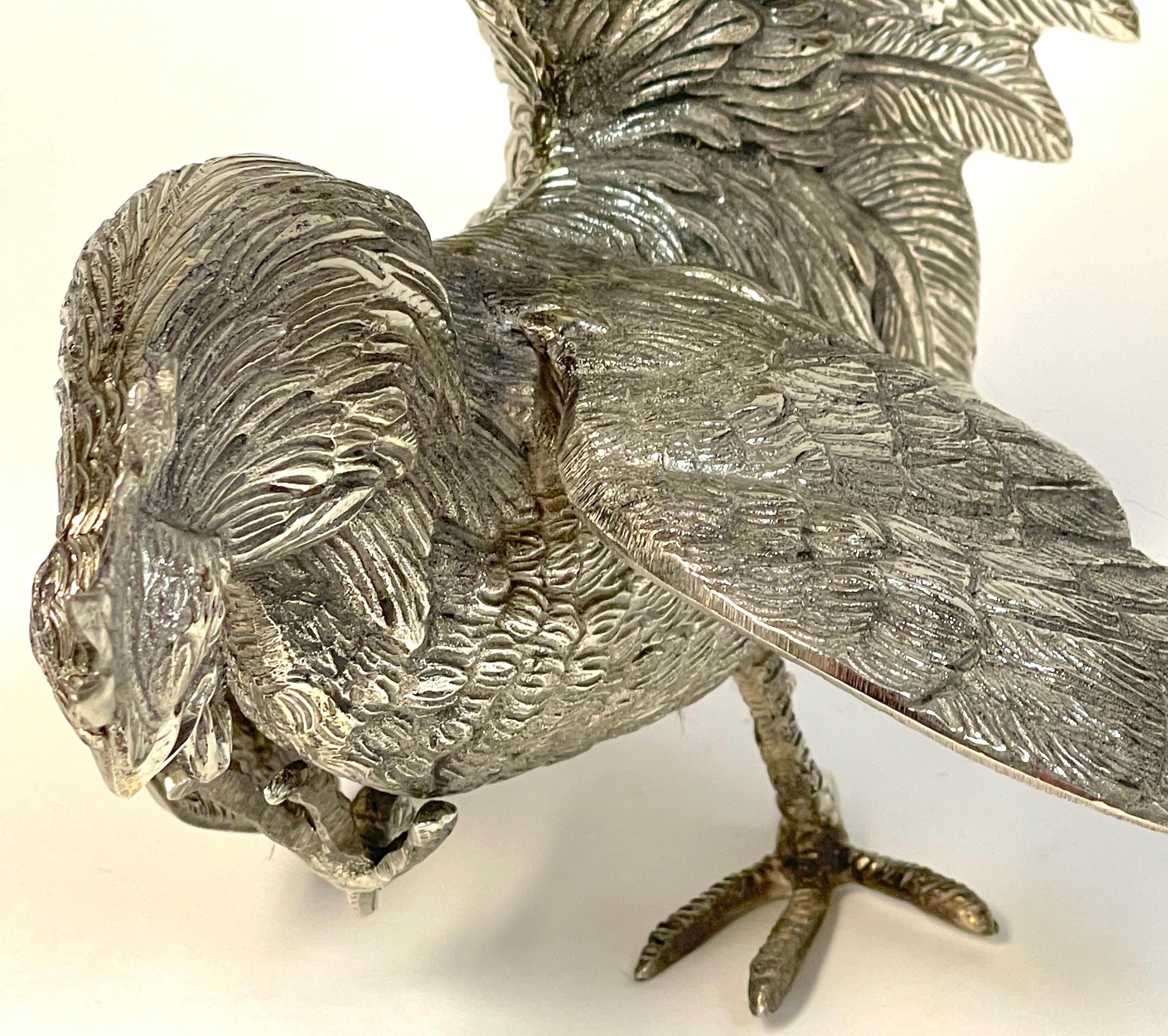 Pair of Italian Silverplated Rooster Table Ornaments 'Fighting Roosters' For Sale 6