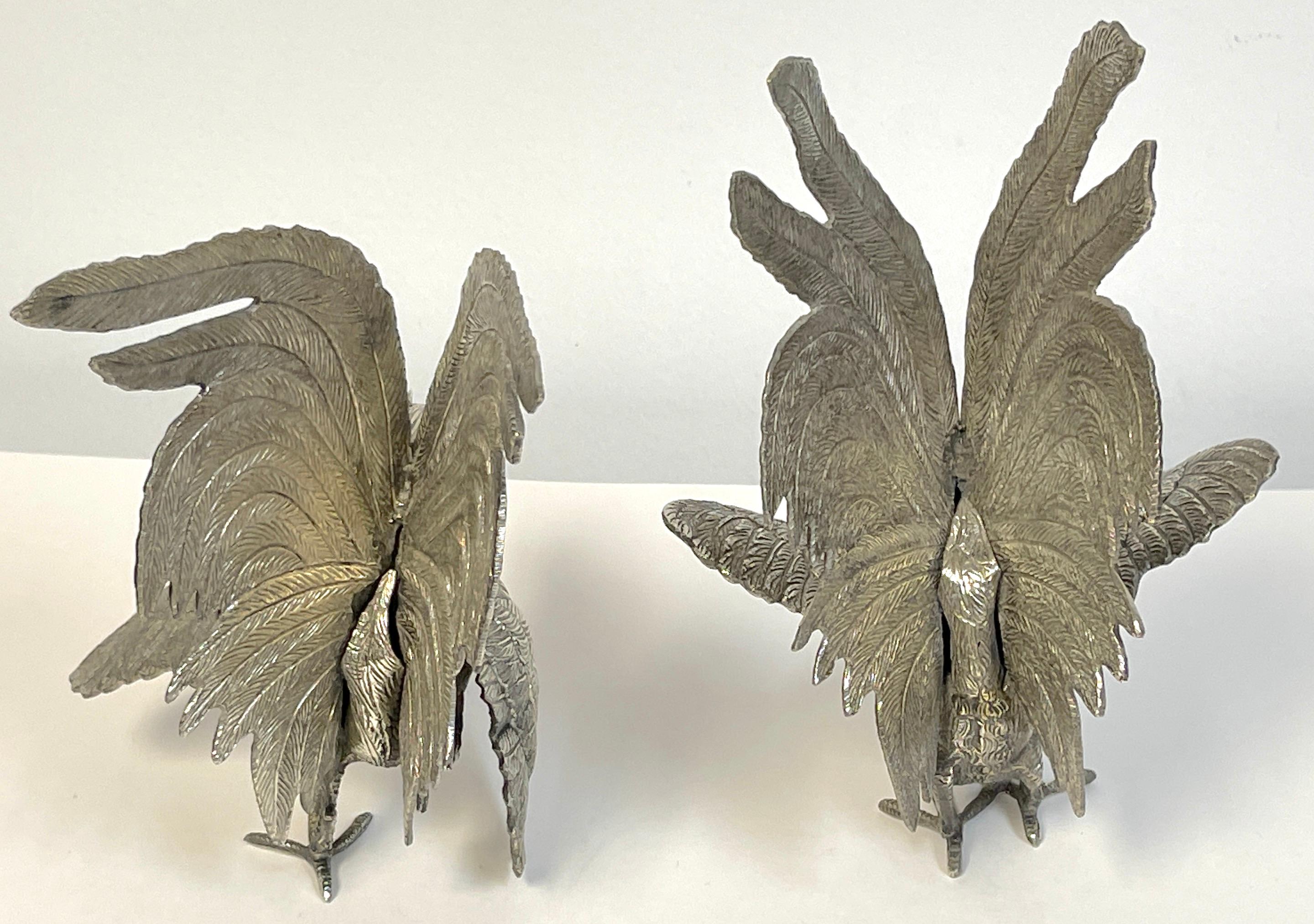 Pair of Italian Silverplated Rooster Table Ornaments 'Fighting Roosters' In Good Condition For Sale In West Palm Beach, FL