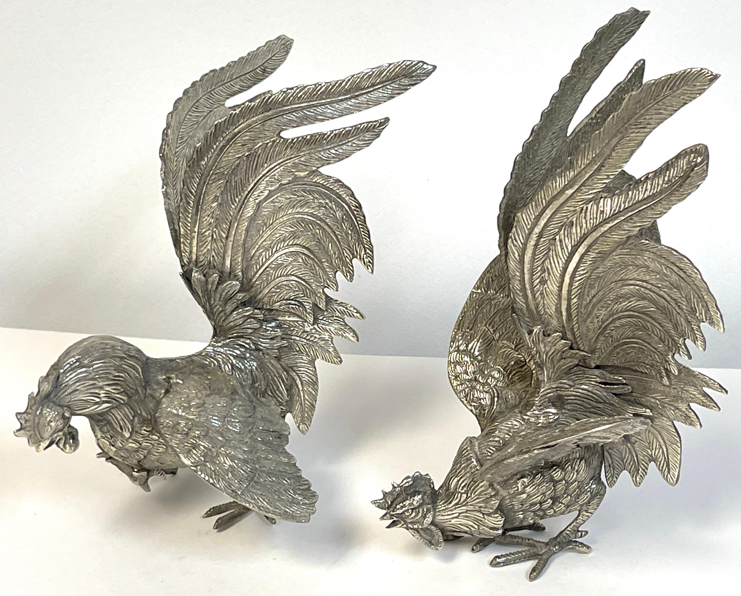 20th Century Pair of Italian Silverplated Rooster Table Ornaments 'Fighting Roosters' For Sale