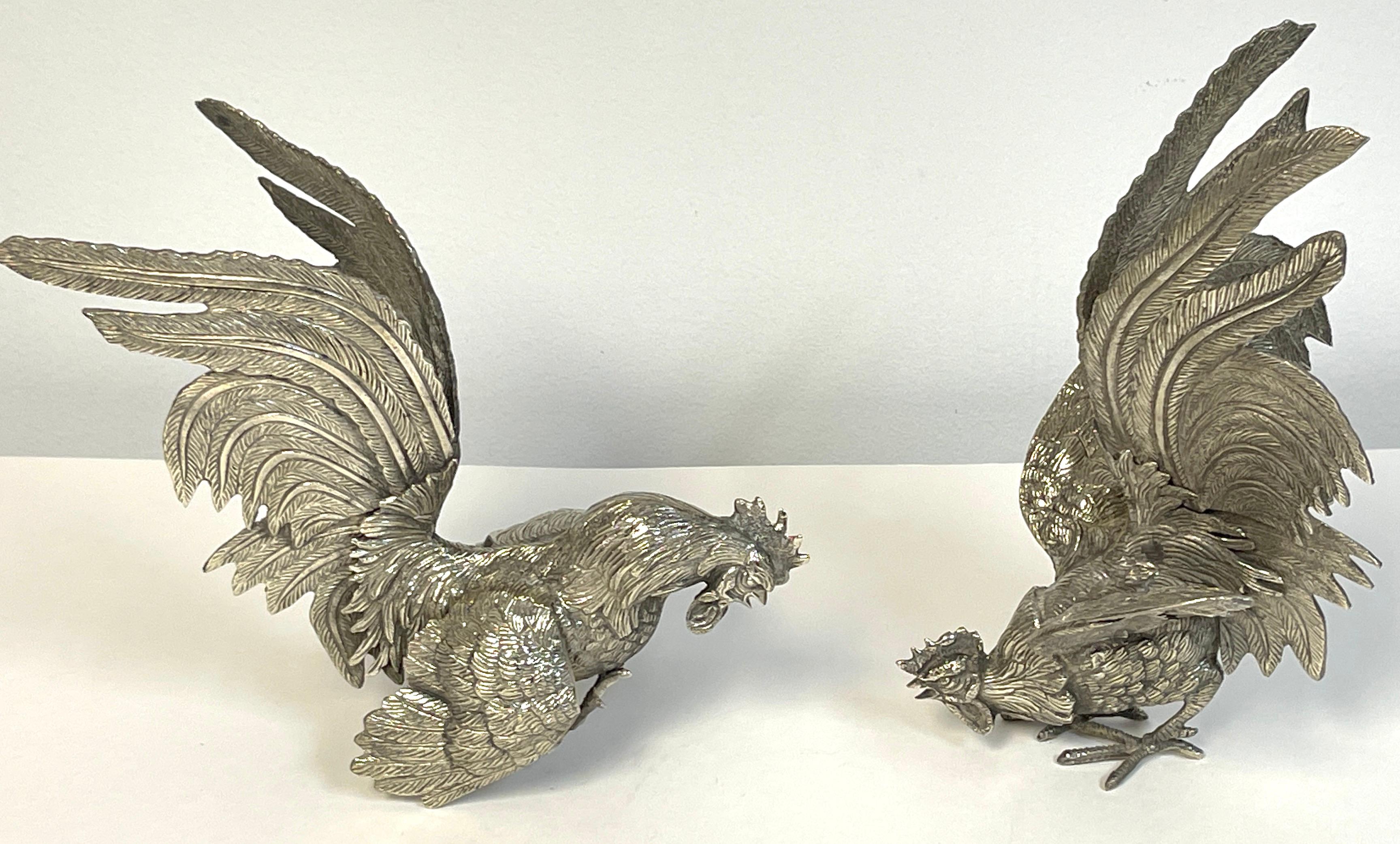 Metal Pair of Italian Silverplated Rooster Table Ornaments 'Fighting Roosters' For Sale
