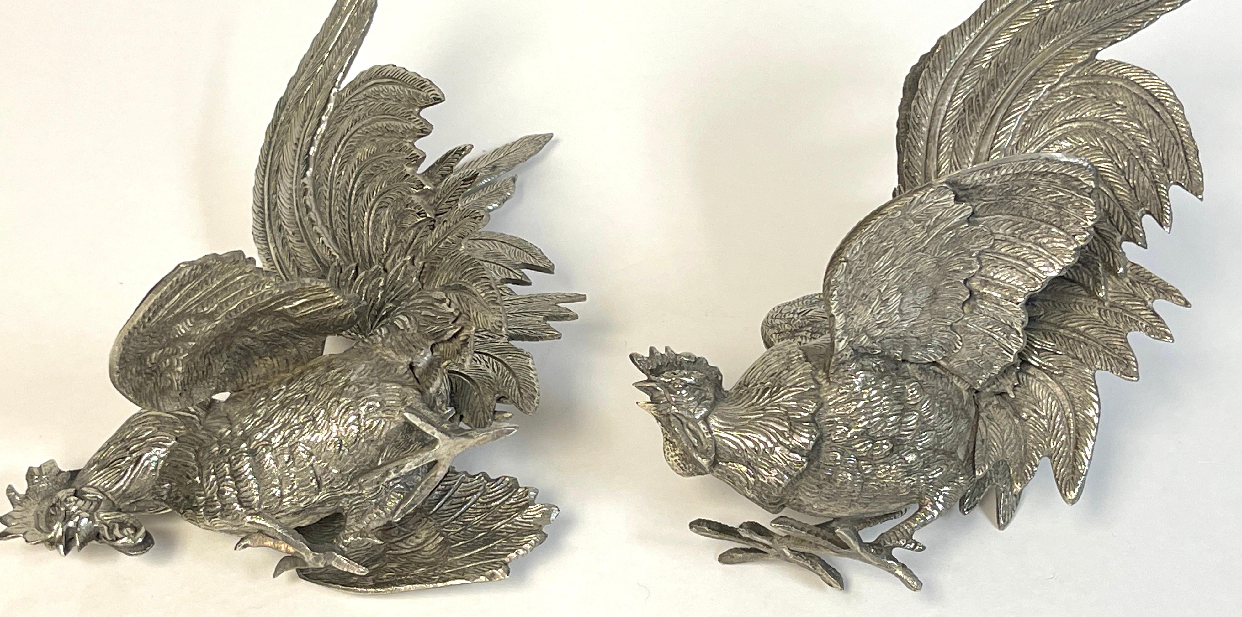 Pair of Italian Silverplated Rooster Table Ornaments 'Fighting Roosters' For Sale 2